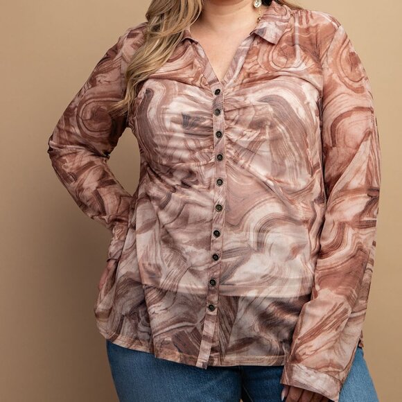 NEW Sheer Cream Mocha Swirl Button Down Ruched Long Sleeve Blouse Top PLUS SIZE - Picture 7 of 8